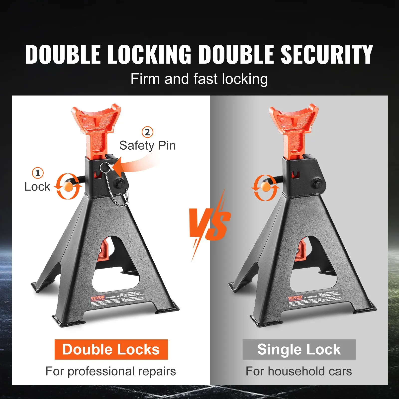 حامل جاك سيارة بسعة 6 طن 13,000 رطل، قفل مزدوج، ارتفاع قابل للتعديل 14.2 -23 بوصة، لرفع سيارات الدفع الرباعي، شاحنة بيك اب، زوج واحد