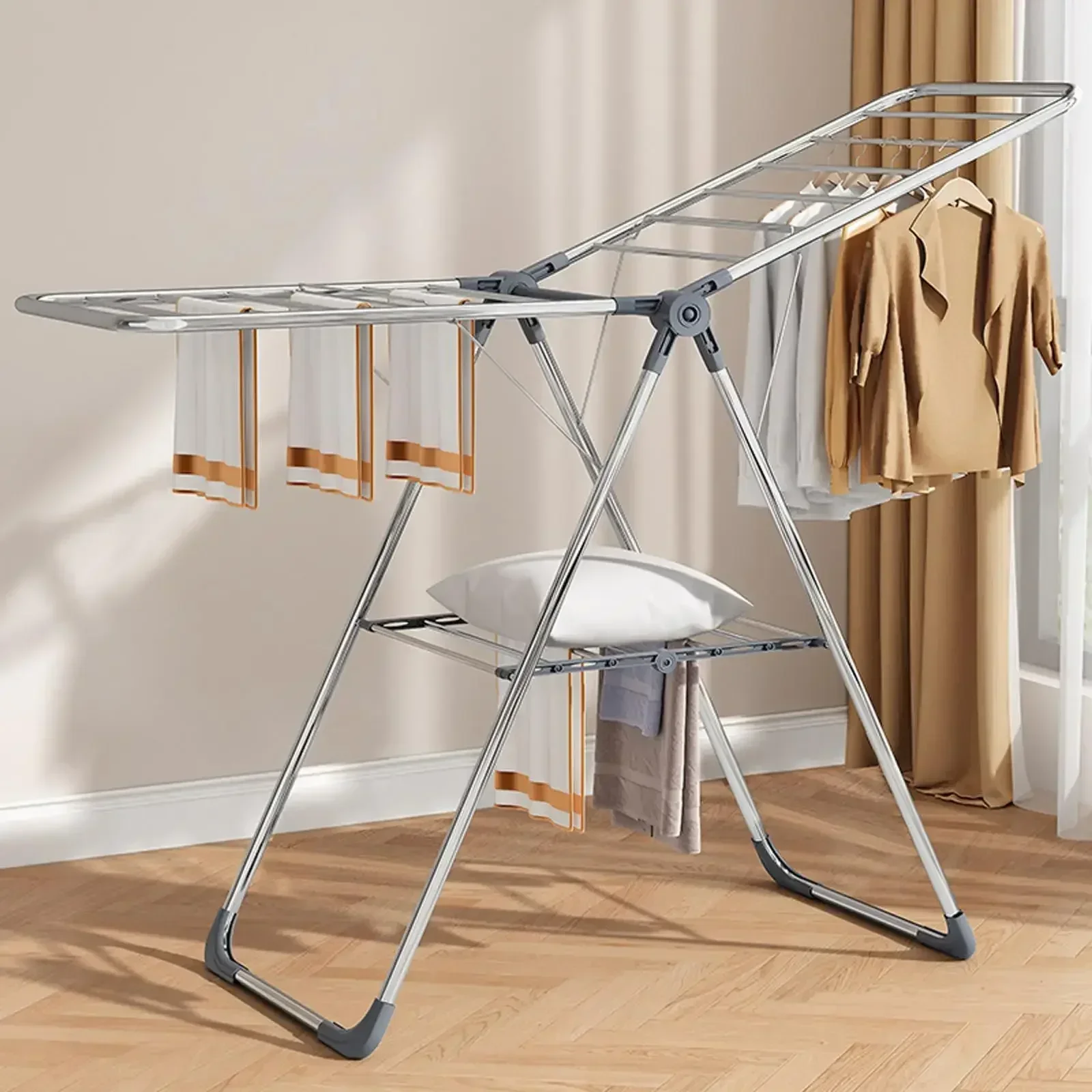 Clothes Drying Rack, with Sock Clips, Laundry Rack Metal , Foldable, Space-Saving, Free-Standing Airer, with Adjustable Height