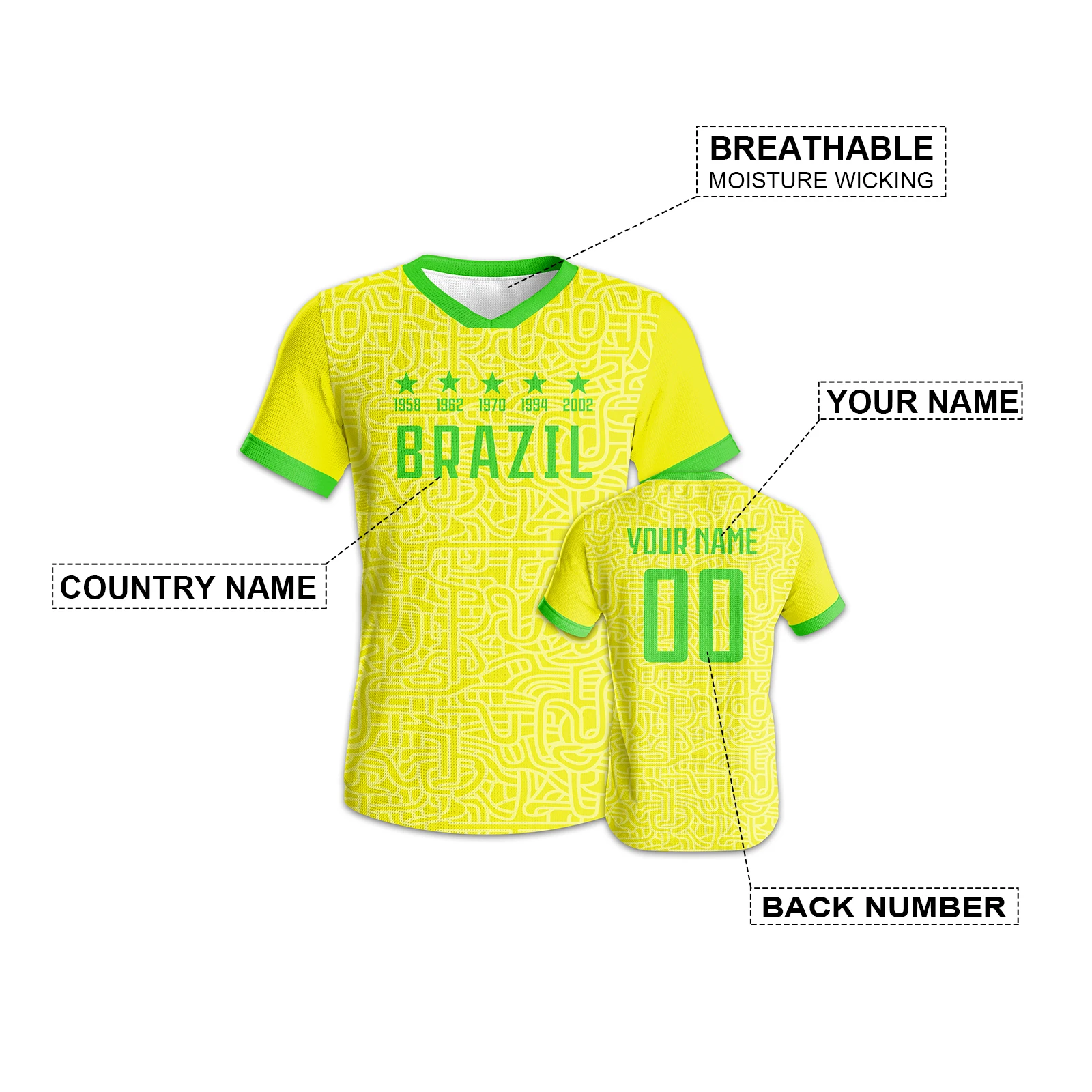 Custom Brazil Soccer Jersey Personalized Name Number Breathable Quick-drying Sportswear Soccer Fans Gift for Men Women Youth