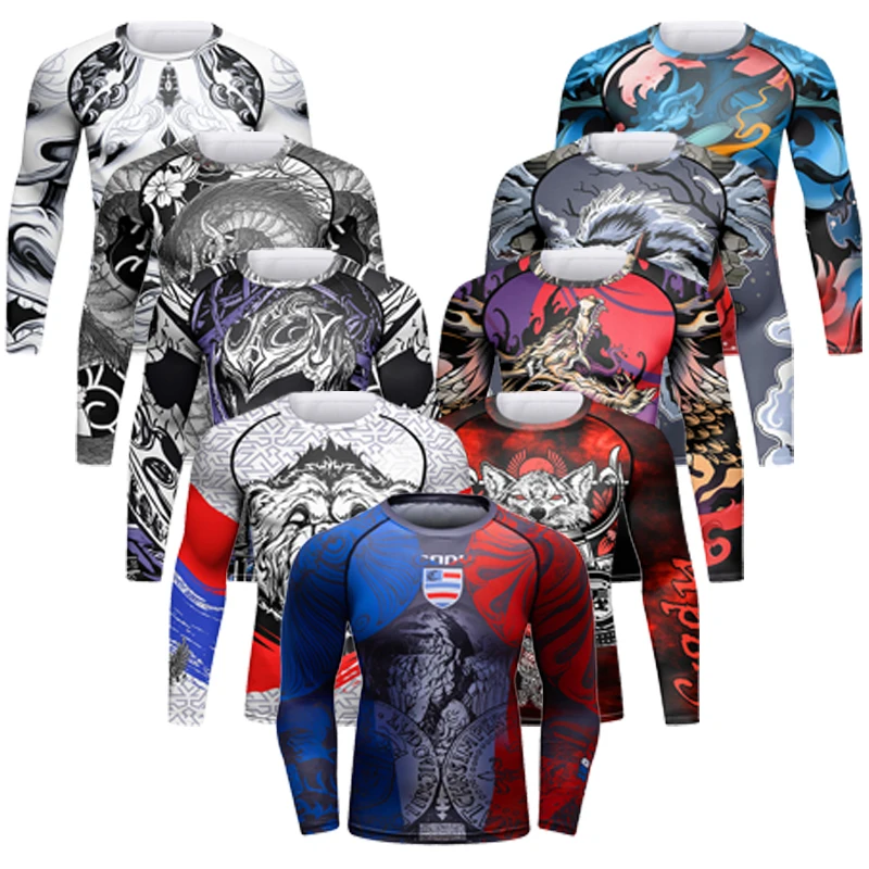 

Sublimation Suppliers Custom Boxing Men's Long Sleeve T-shirt Cody Lundin Grappling Wrestling MMA Rash Guard Tight Kimono Shirt