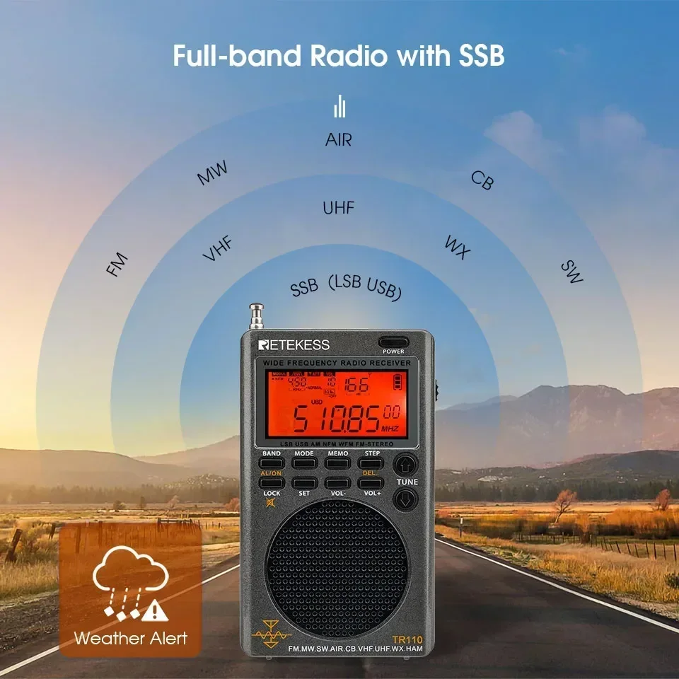 Retekess TR110 Portable SSB Shortwave Radio FM MW SW LSB AIR CB VHF UHF Full Band NOAA Alert Digital Radio Receiver for Outdoor