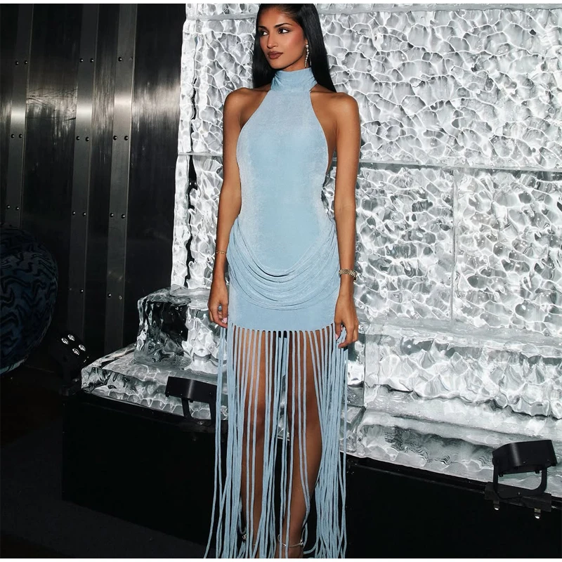 Women Sexy Tassel Patchwork Maxi Dress Elegant V-neck Wide Strap Sleeveless Waist-cinching Slim Fit Dresses Chic New Party Gowns