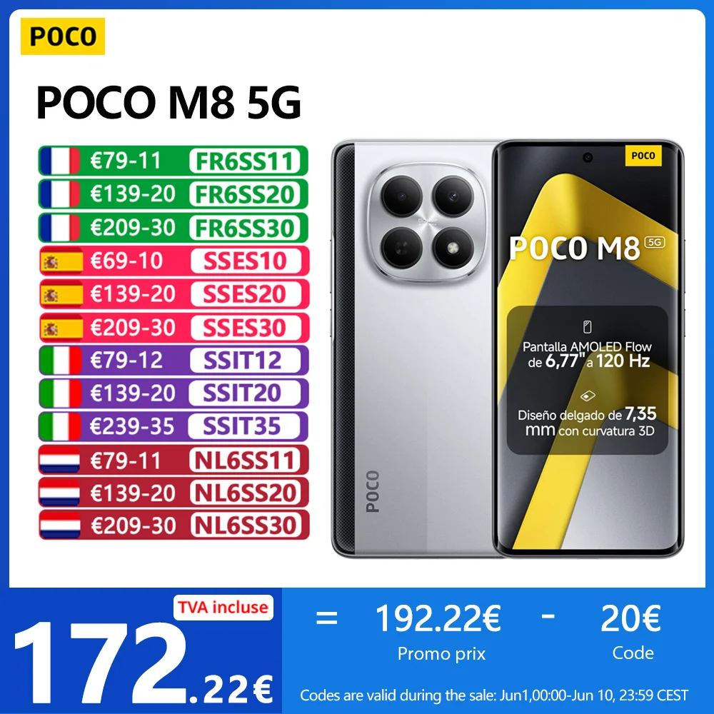 POCO M8 5G,NFC,Snapdragon® 6 Gen 3,Écran Flow AMOLED 6.77" 120 Hz,50 MP Caméra,5520 mAh,IP65