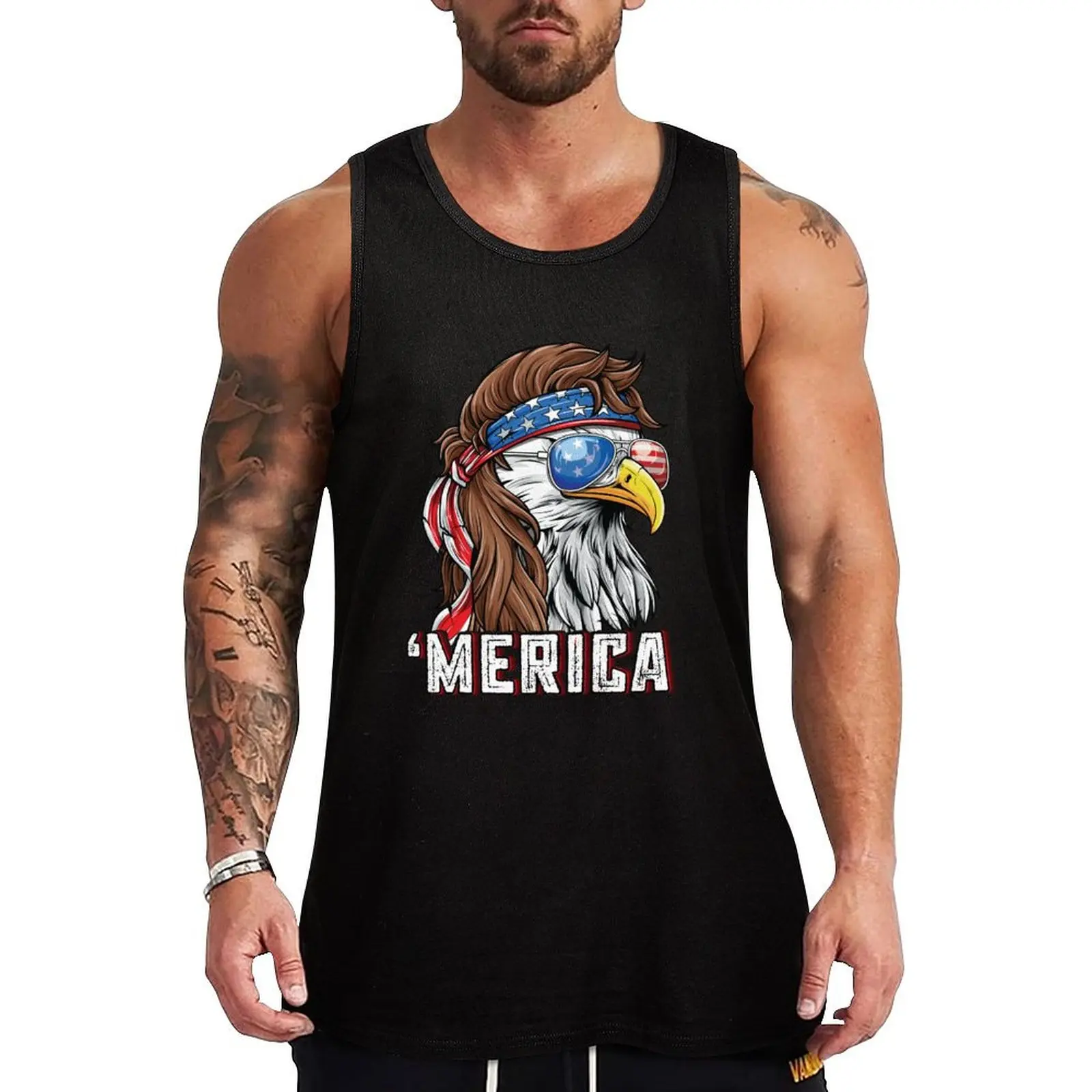 

Merica USA Flag Patriotic 4th of July Bald Eagle Tank Top men gym gym shirts Gym wear