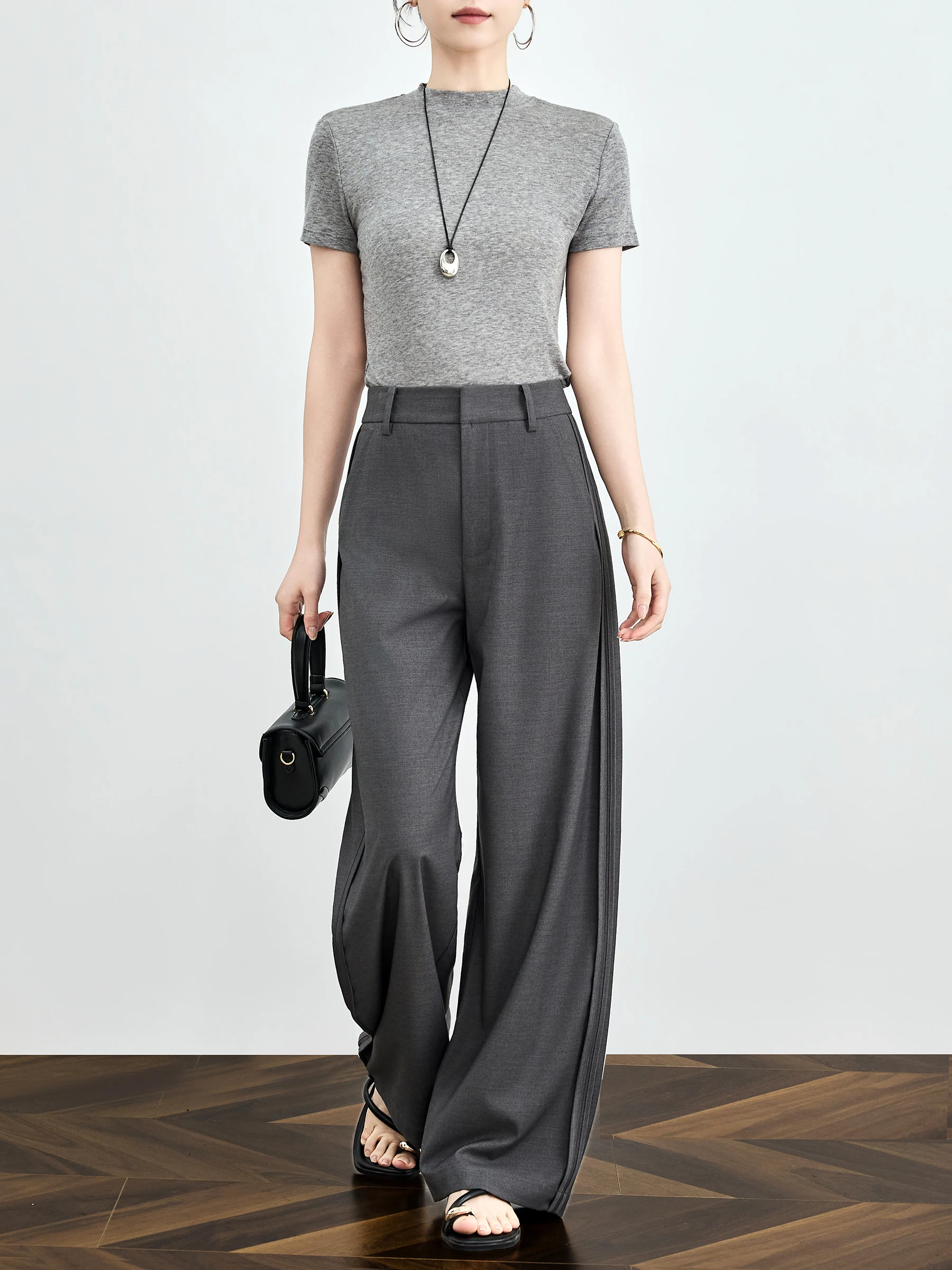 Elegant Grey Commute Suit Pants Women's Summer Thin Wide Leg Straight Cut Loose Fit Trousers High Waist Zipper Formal Casual