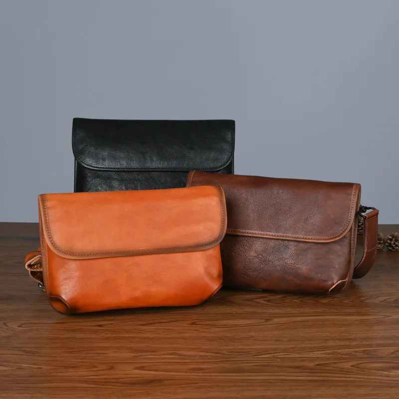 Horizontal square multi-pocket vegetable-tanned top layer cowhide crossbody bag, large-capacity men's travel small bag
