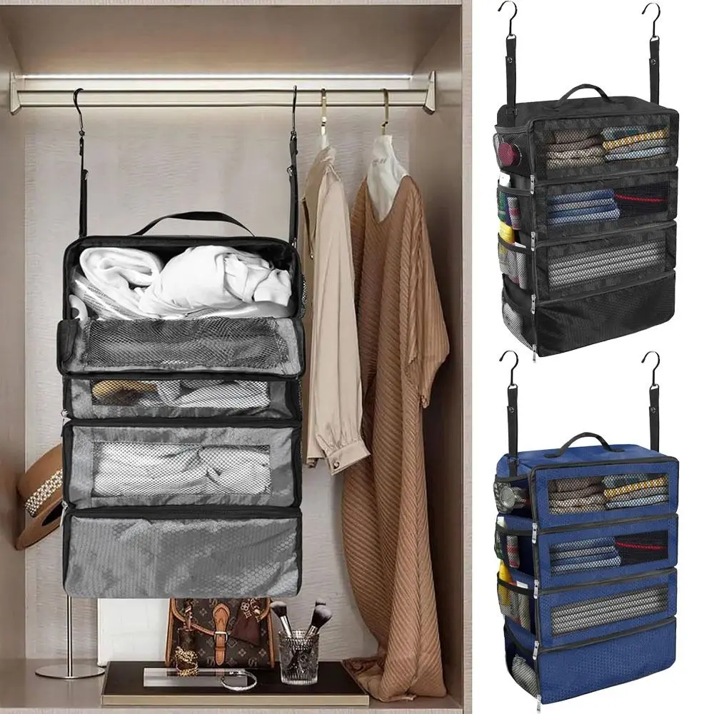 

Multi-Layer Foldable Clothes Storage Bag with Hook Large Capacity Travel Clothes Organizer Side Pocket Top Handle