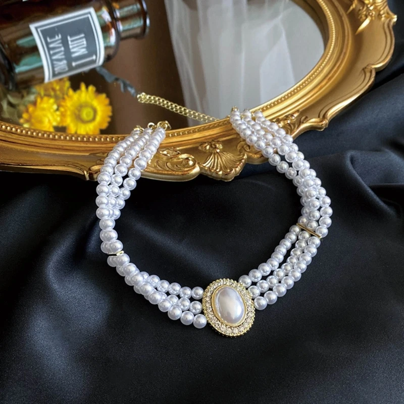 S1Y1 Elegant Vintage Pearls Necklace for Women Girls 3-Layers Beaded Neckchain Fashion Neckwear Jewelry Pieces Party Gift