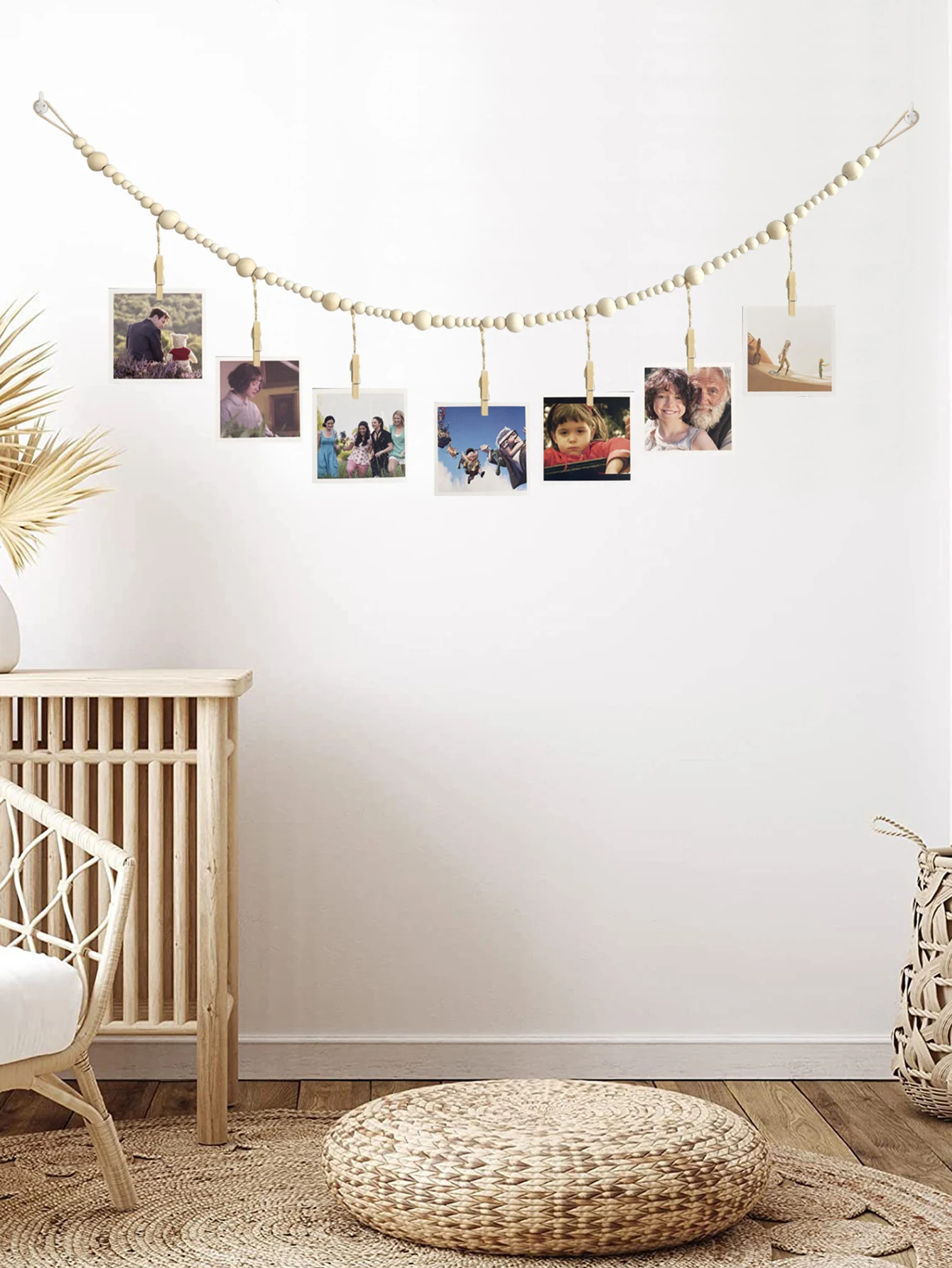 Wooden bead wall hanging photo display rack, home decoration photo storage, tassel string wall decoration photo rack