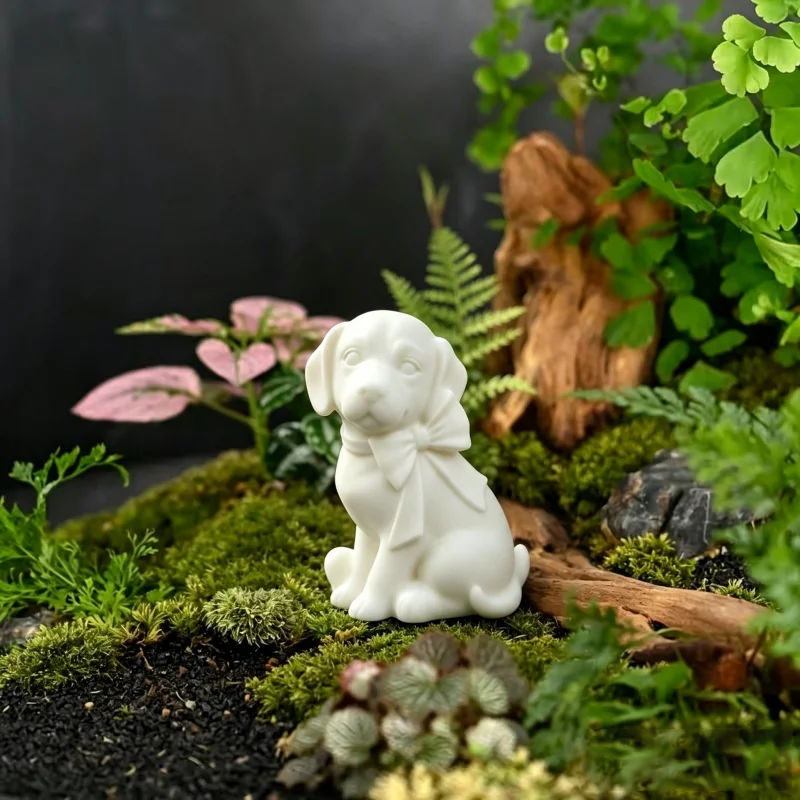 Sitting Labrador Statue With Bow Knot,3D Print Puppy Ornament,Smooth Pet Memorial Sculpture For Shelf Desk Indoor Display Decor