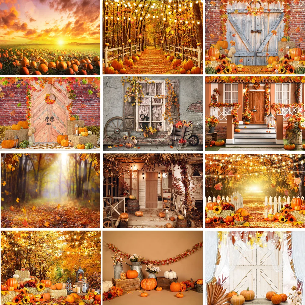 Autumn Photography Background Fall Maple Forest Leaves Pumpkin Thanksgiving Party Backdrop Decor Supplies Harvest Event Banner