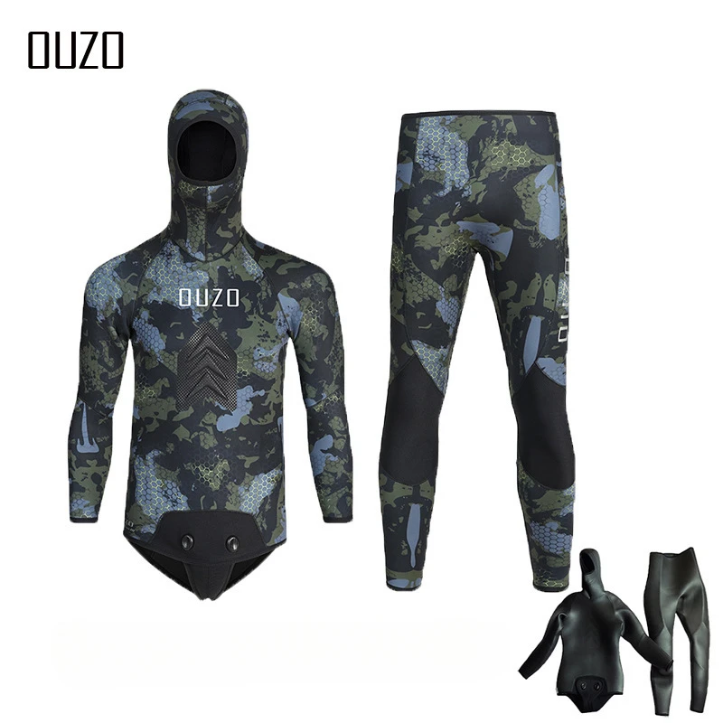 5mm fish hunting suit, men's split body hood, CR light leather diving suit, thickened warm camouflage diving suit