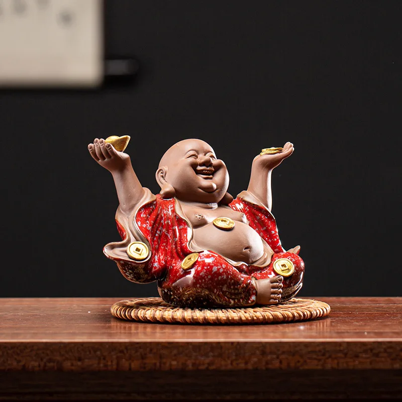 0018 New Chinese Style Ceramic Ornaments Lucky Fortune Maitreya Buddha Artwork Home Car Decoration Bookcase Tea Table Decoration