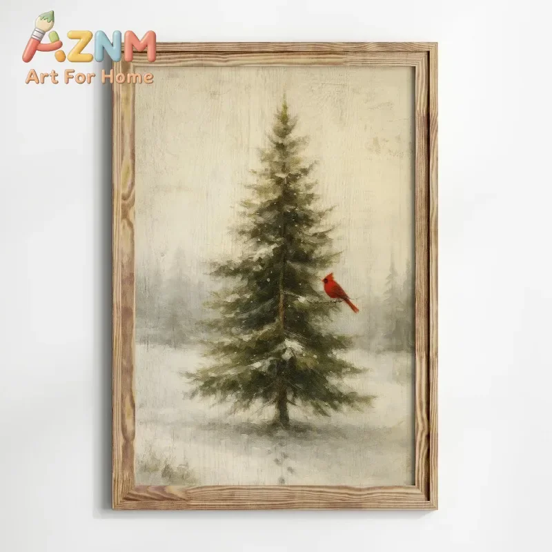 AZNM Vintage Winter Snowy Pine Tree Canvas Wall Art Red Cardinal Bird Christmas Landscape Art Print Unframed Canvas Poster for H