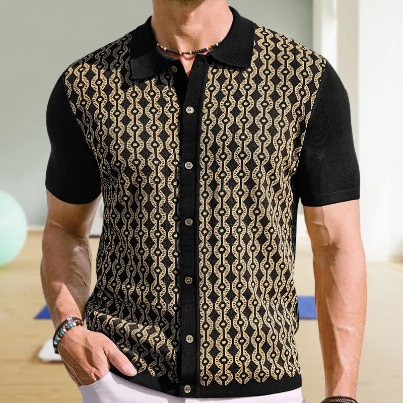 

Cool Silk ort Sve Knitted irt with Flower Pattern Turn-down Collar Breathable Summer Men's T-irt Modern Sle