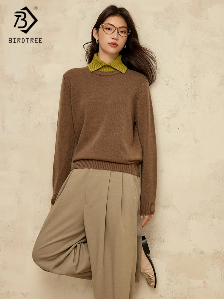 

Birdtree,100% Sheep Wool Lapel Knitted Sweater,Woman Fake Two Piece Full Sleeve Knitwear,2025 Autumn Warmth Pullover T5O507JF