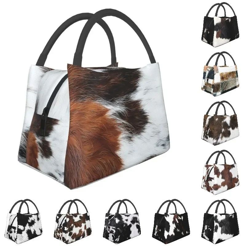 

Custom Scottish Highland Cow Cowhide Texture 3D Printing Lunch Bag Women Cooler Thermal Insulated Boxes