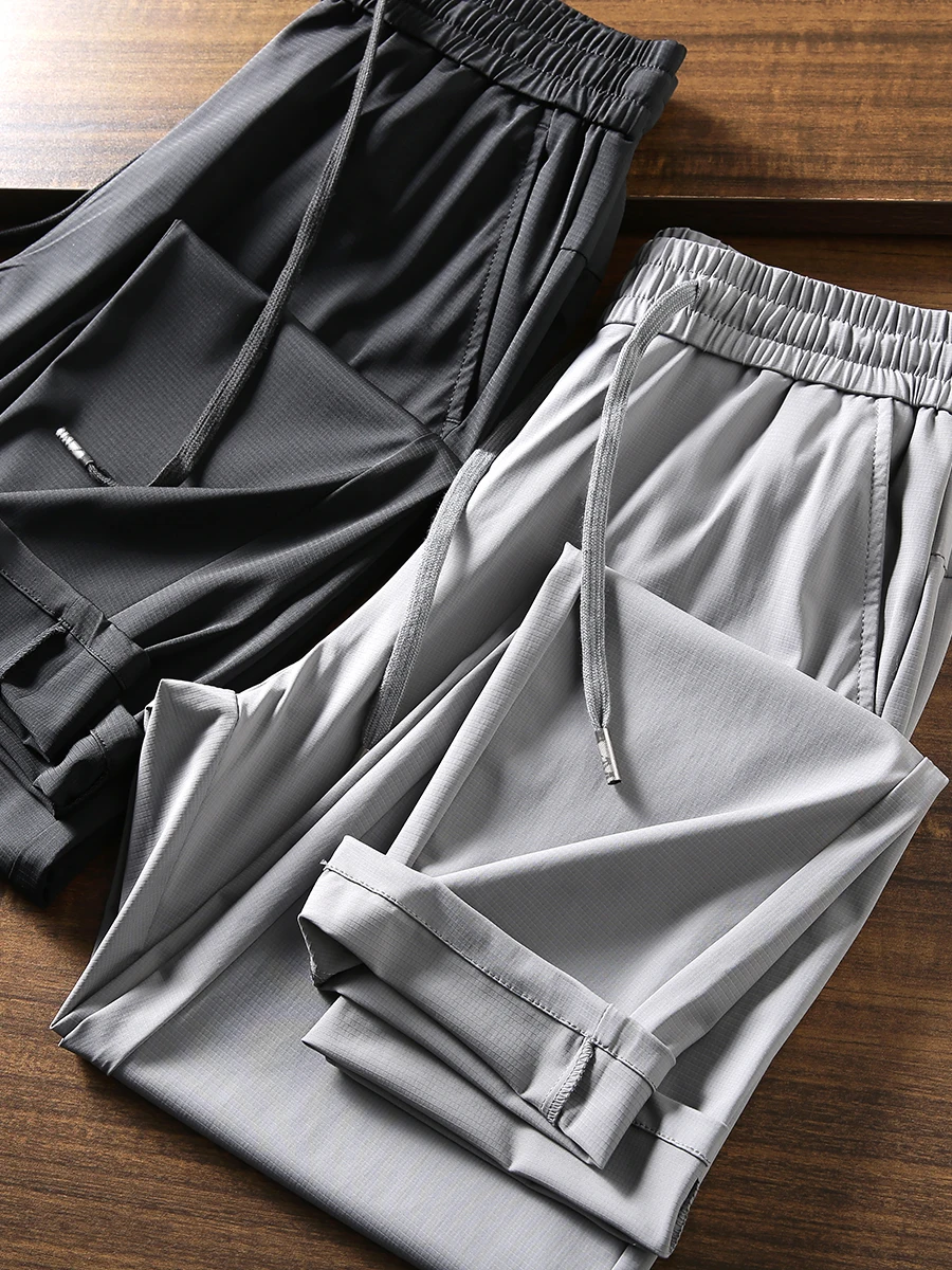 

Высококачественные гладкие эластичные повседневные брюки с завязками на талии для мужчин, весенне-летние длинные брюки прямого кроя, удобные, дышащие