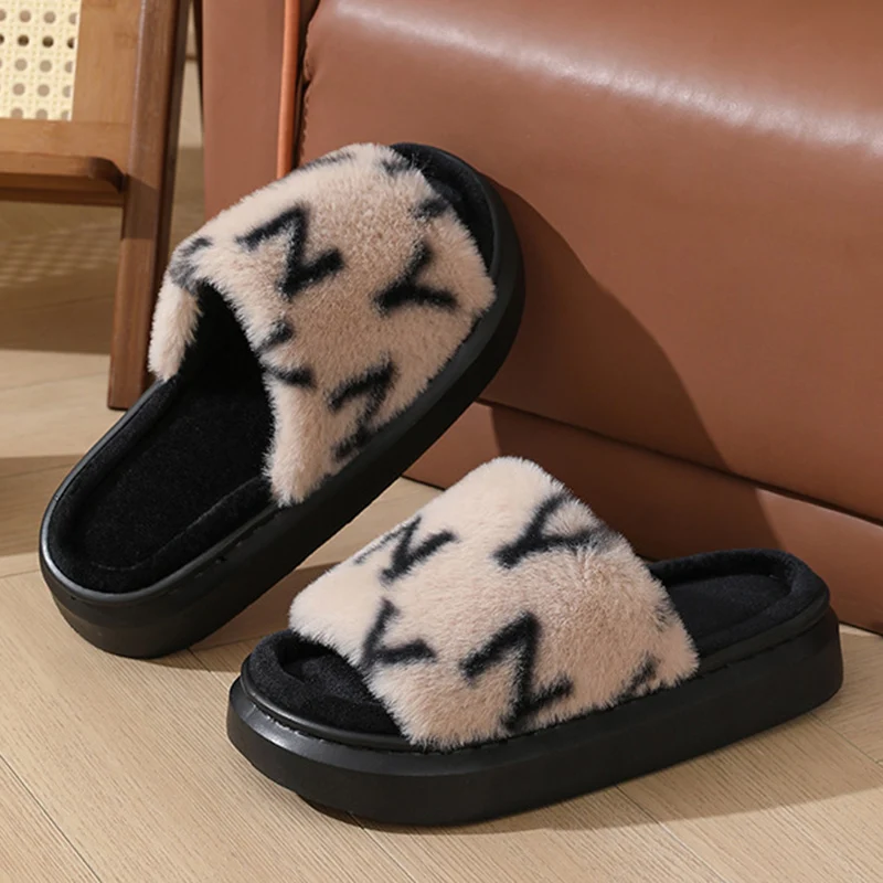 Marke Design Brief Drucken Plüsch Hausschuhe für Frauen Dicke Sohle Bequeme Hausschuhe Frau Mode Plattform Flauschigen Fell Hausschuhe – Detail 11