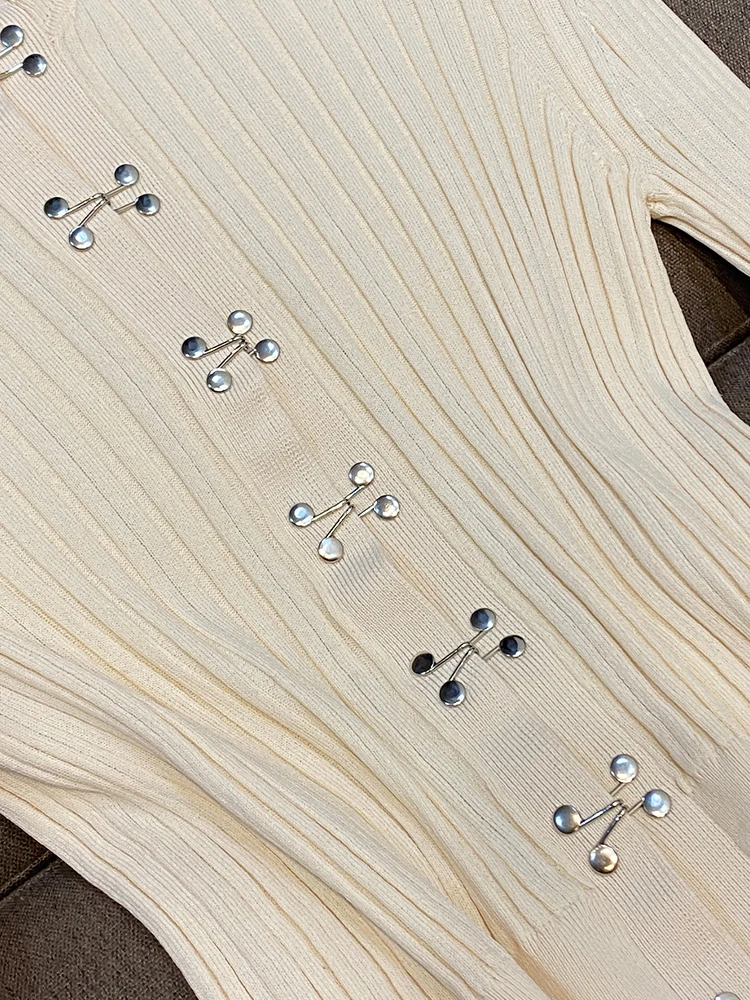 

Женский вязаный кардиган с металлическими пуговицами, облегающий эластичный длинный пуловер с круглым вырезом Ne, тонкая верхняя одежда для зимнего сезона