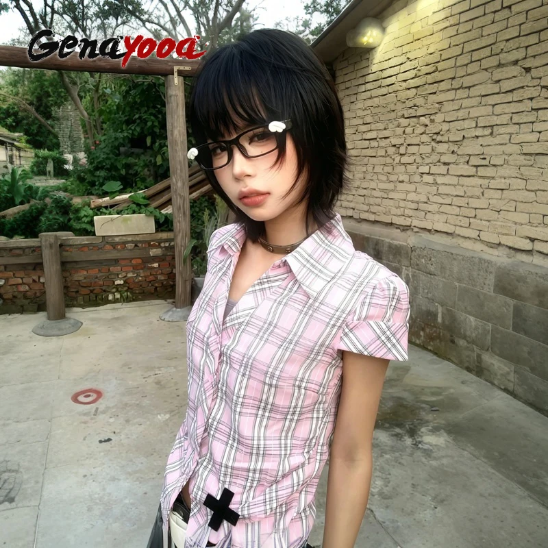 Genayooa American Retro Plaid Shirt Women Short Sleeve Casual Shirt And Blouse Y2k Vintage Frill Blouse 2000s Japanese Shirts