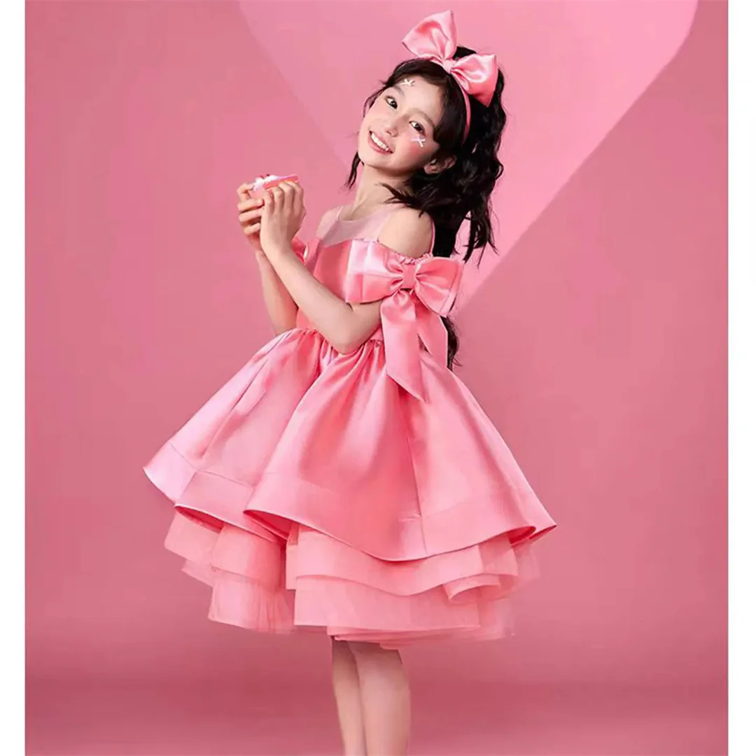 Customized 2025 Pink Flower Girl Dress For Wedding Satin Cute Bow Puffy Elegant Kids Birthday First Communion Ball Gown