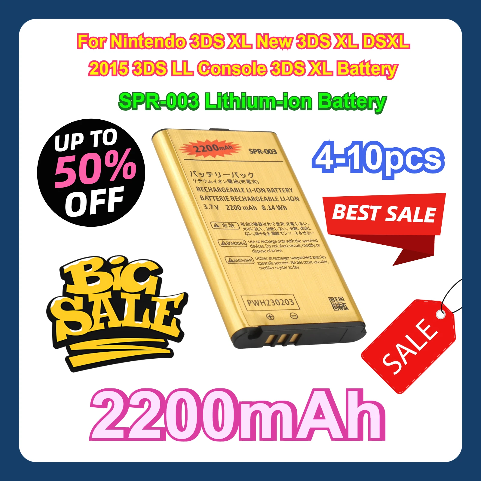 4-10 pcs For Nintendo3DS XL DSXL 2015 3DS LL Console Battery 2200mAh SPR-003 Lithium-ion Battery