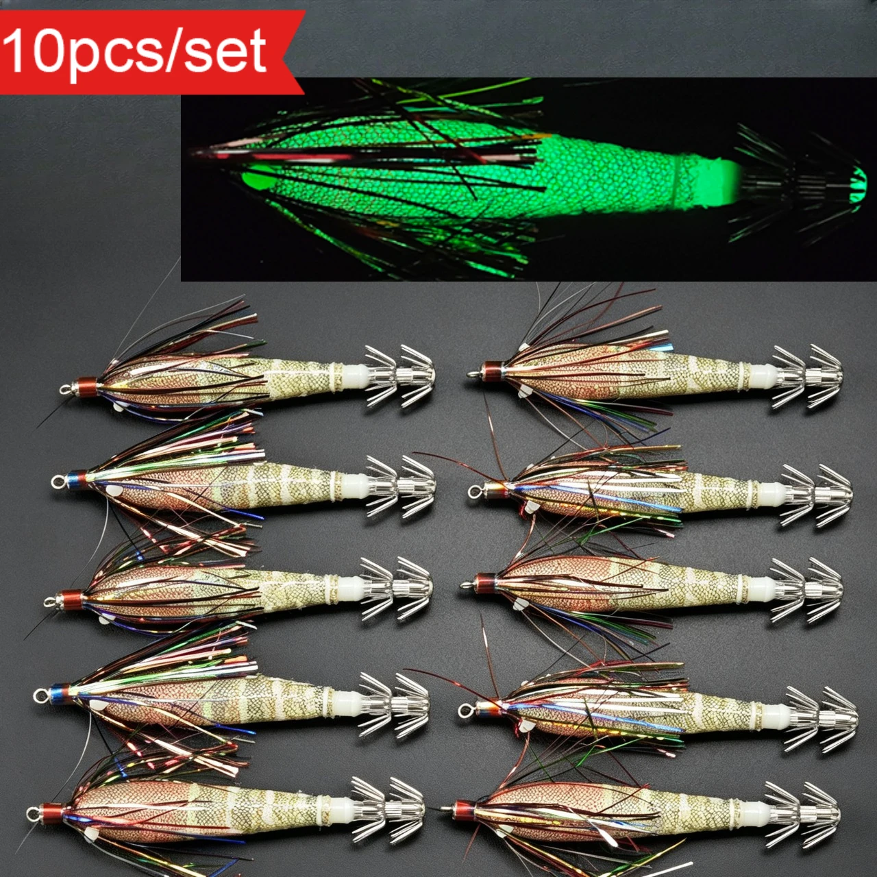 Lot de 10 leurres horizontaux Egi pour calamar, 8,5 cm, avec lamelles scintillantes, crevettes en bois lumineuses, appâts phosphorescents pour poulpe, matériel de pêche en mer salée
