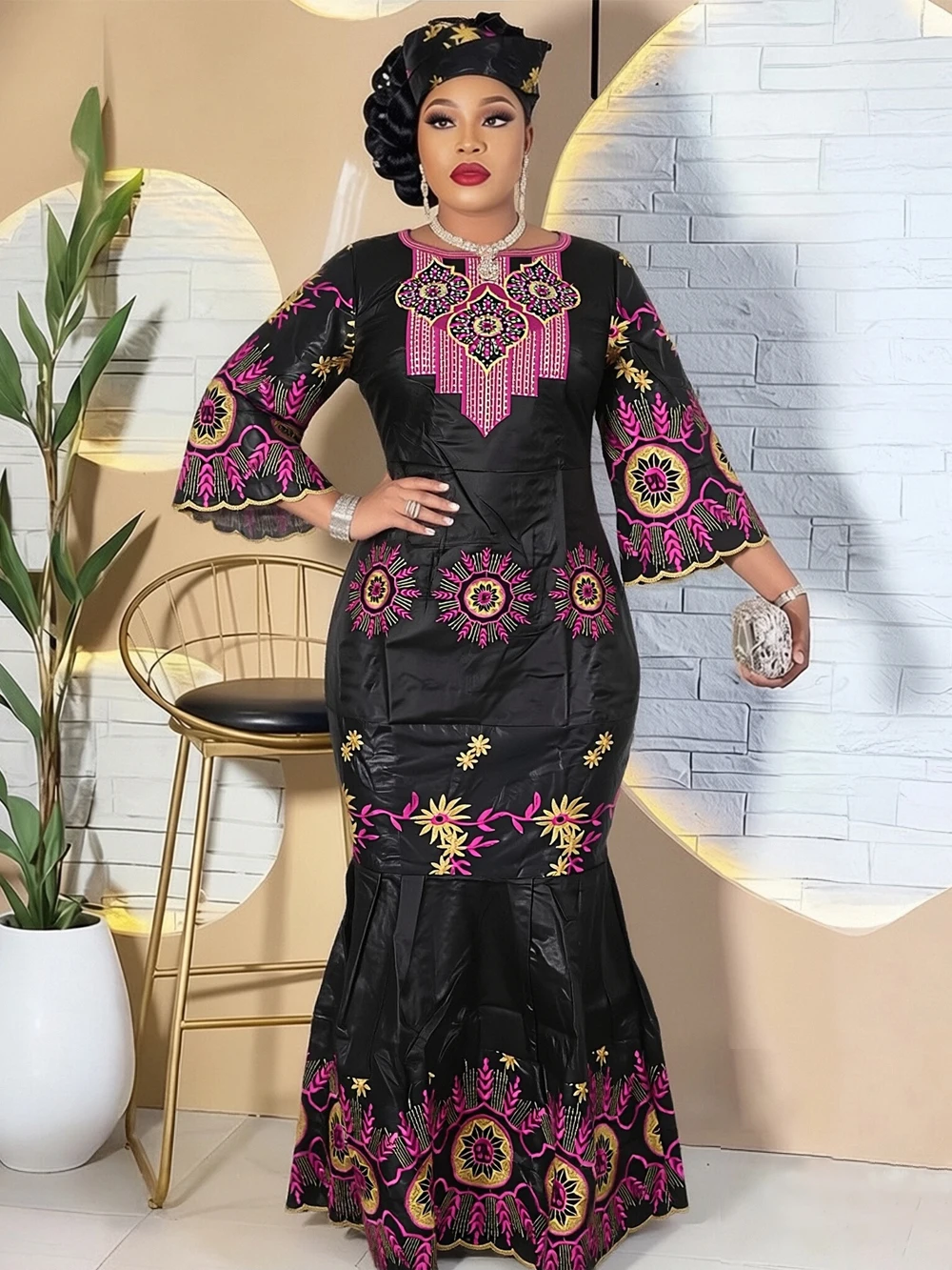 

Африканские платья Базин для женщин, традиционное платье-русалка Дашики больших размеров, вышитая одежда, платье для свадьбы, вечеринки, вечернее платье