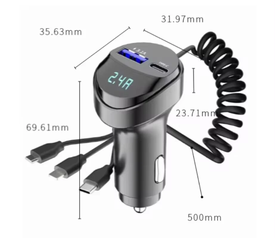 3 in 1 Car Charger Cables Adapters With 3.1A USB Type C for Samsung IPhone Huawei Quick Charging Chargers with Digital Display