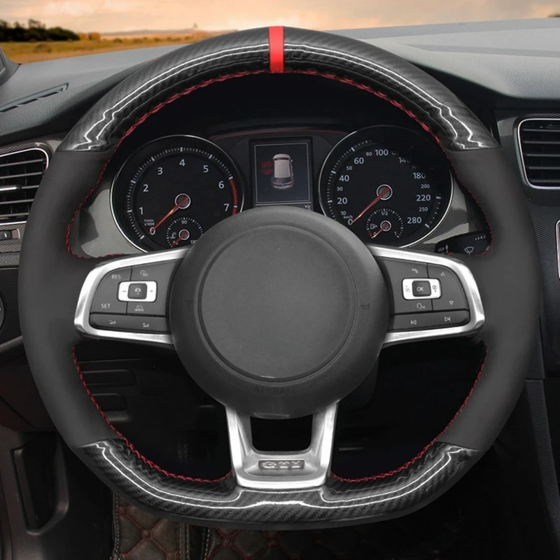 Car Steering Wheel Cover Black Carbon Fiber Suede For Volkswagen VW Golf 7 GTI T-Roc Passat Variant (R-Line) Tiguan Accessories