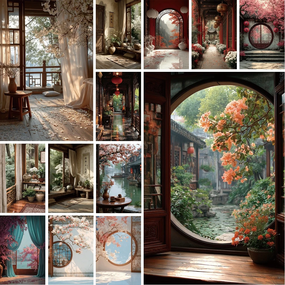 

MOON.QG Vintage Chinese Backdrop Carved Windows Spring Flowers Cozy Nooks Stone Tables Product Photoshoot Backdrops Photozone