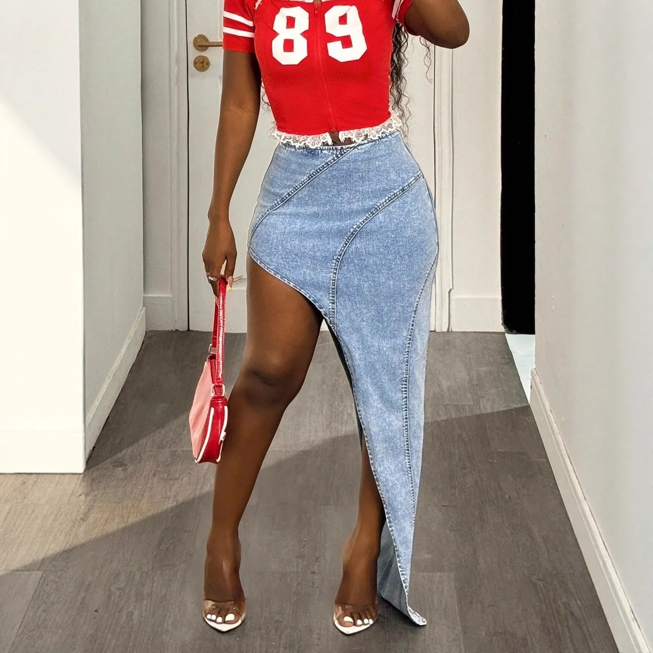 Denim Unregelmäßiger Rock Frauen Hohe Taille Stretch Distressed Washed Zipper Mom Jeans Sexy Club Vintage Lange Röcke 2025, Streetwear