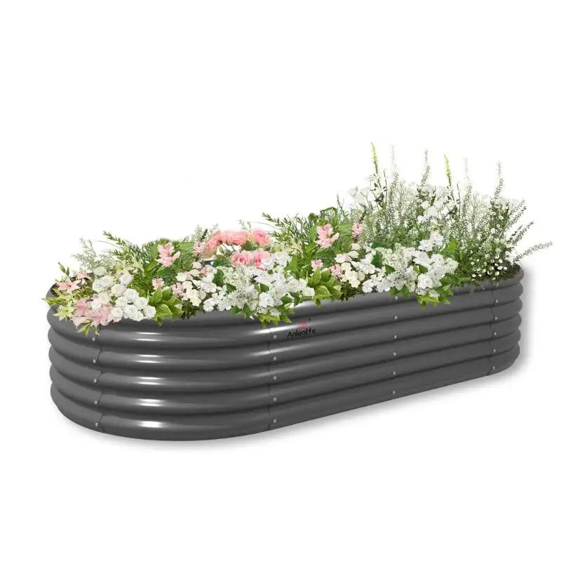 Robust Grey Oval Modular Metal Raised Planter Bed Set - Perfect for Growing Vegetables & Flowers, Space-Efficient Gardening