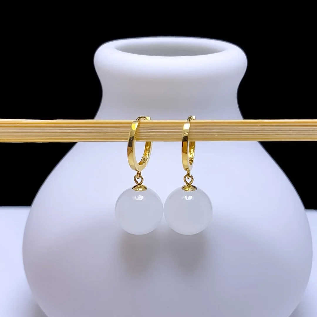 SHILOVEM 18k Yellow Gold White Jade Stud Earrings New Birthday Christmas Gift Fashion Wholesale Women  10mm yze101008