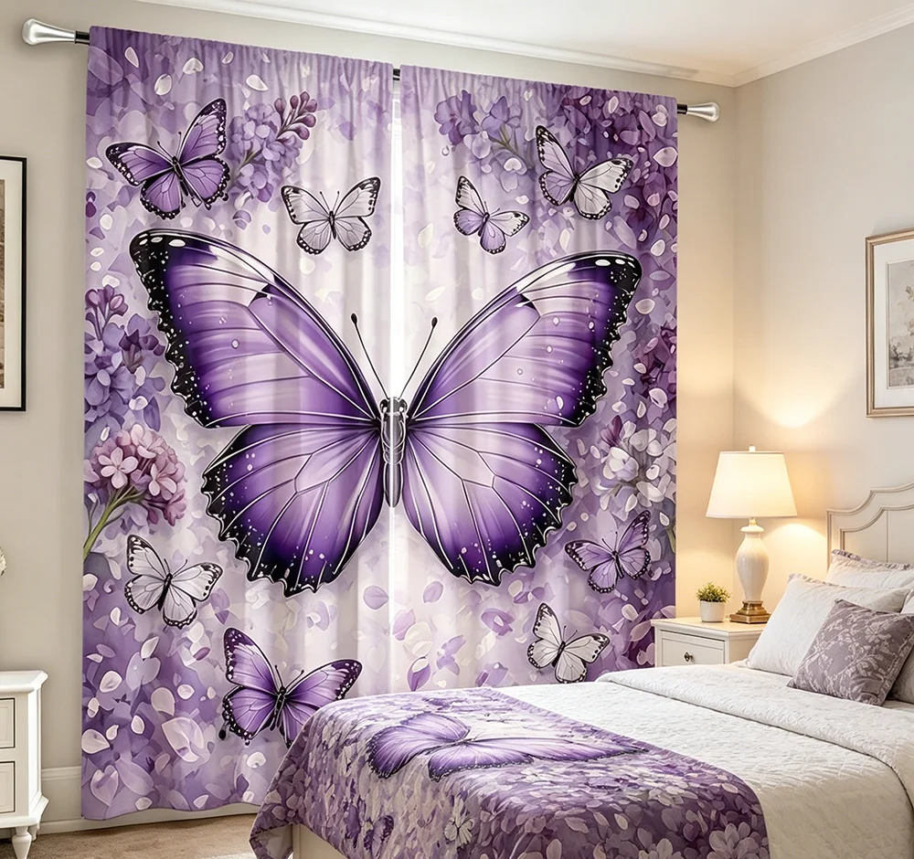 2PCS Digital Printed Curtains, Dreamy Purple Butterfly Magical Fantasy, Modern Home Decor Style for Living Room Bedroom Decor