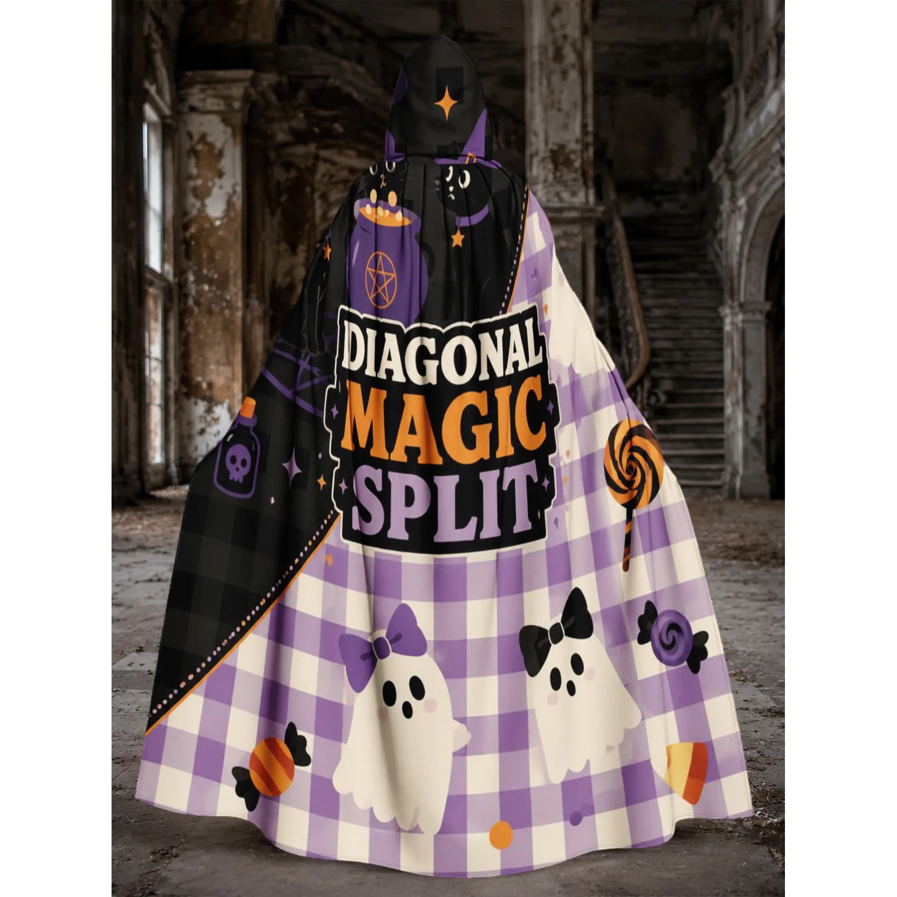 Halloween Cat Ghost Print Hooded Cloak, Durable Polyester Costume for Holiday Dress Up LARP Trick Or Treat
