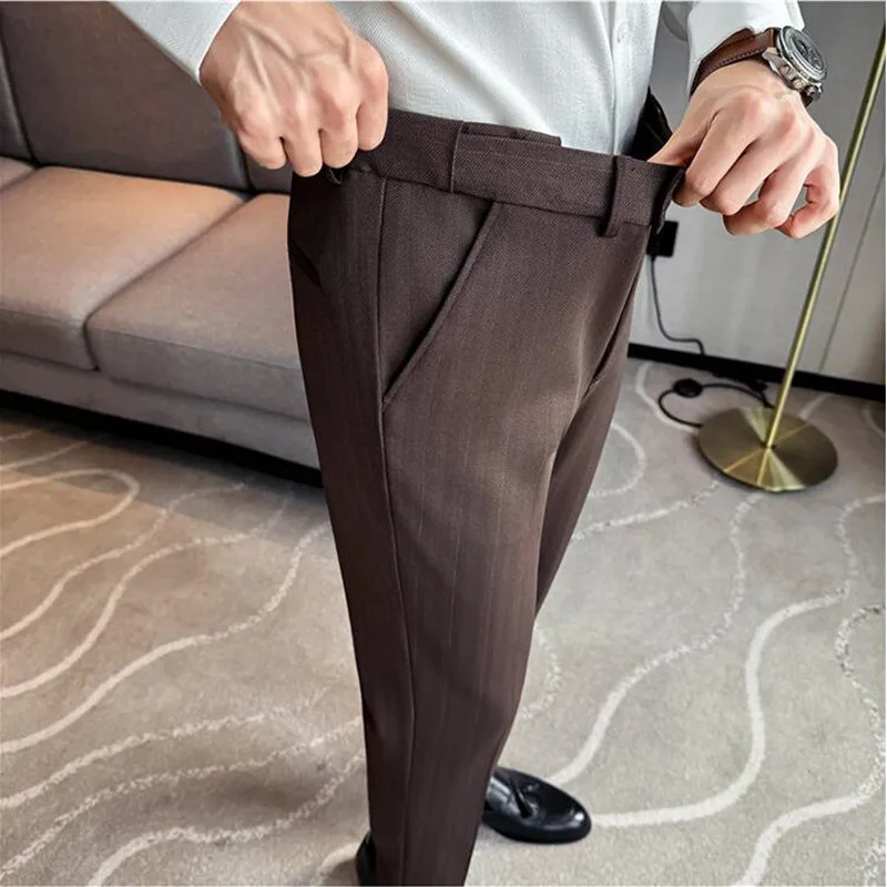 

Autumn Winter New Thickened Wool Striped Suit Pants Men's High Qualitys Elastic Waist Slim Fit Business Casual Trousers 38-29