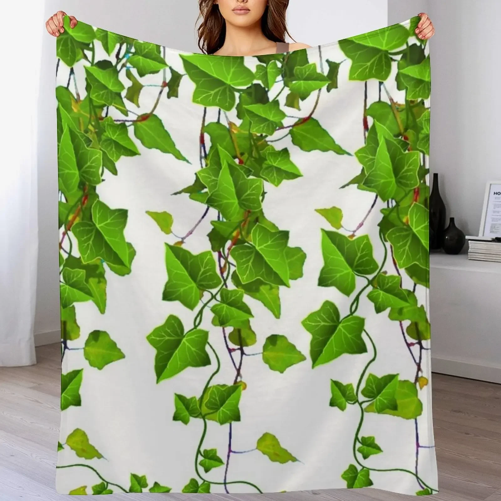 DECORATIVE SPRING GREEN TRAILING IVY VINES ON WHITE Throw Blanket