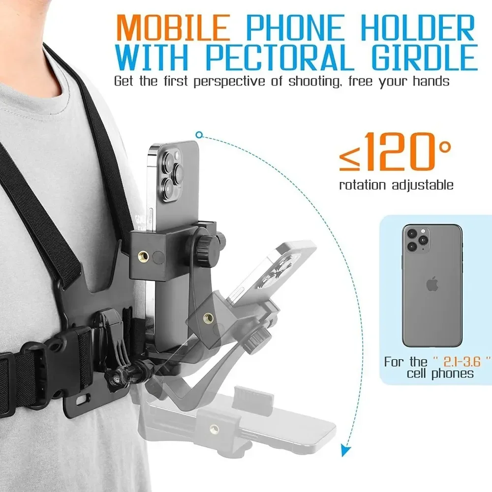 1 PC Adjustable Phone Clip Holder With Chest Strap Fixation Bracket for Sport Camera Mobile Phone Camera Black Holder Accessory - náhled 3