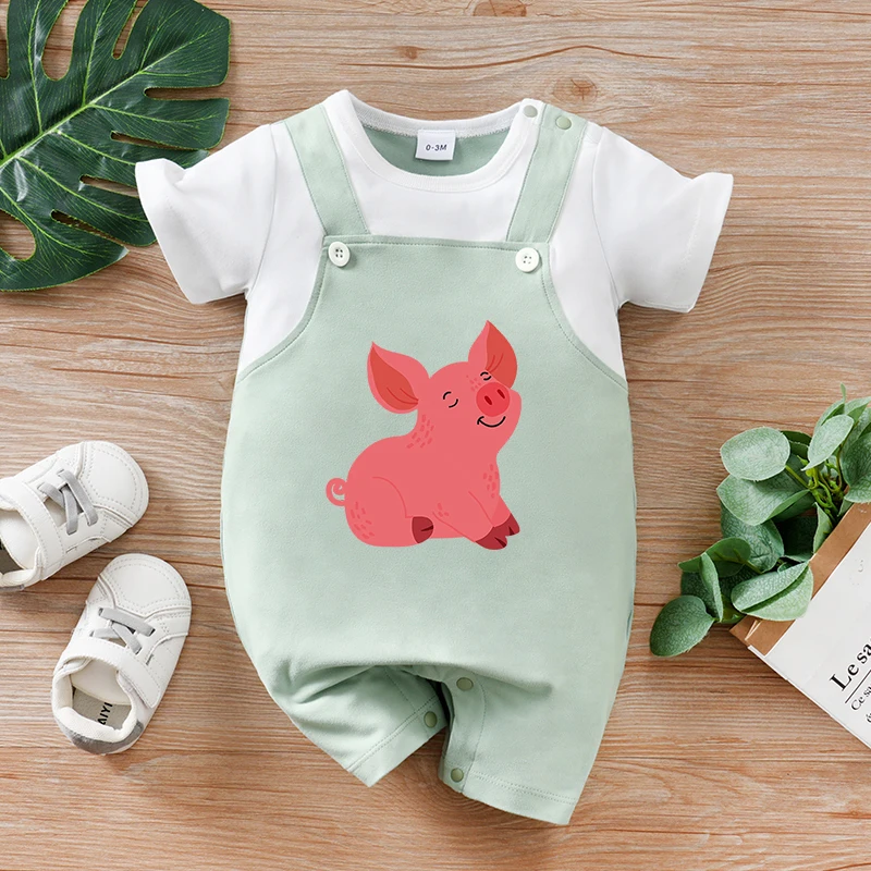 

Летний комбинезон из 2 предметов с короткими рукавами для новорожденных, мягкий и удобный комбинезон с круглым вырезом и милыми животными