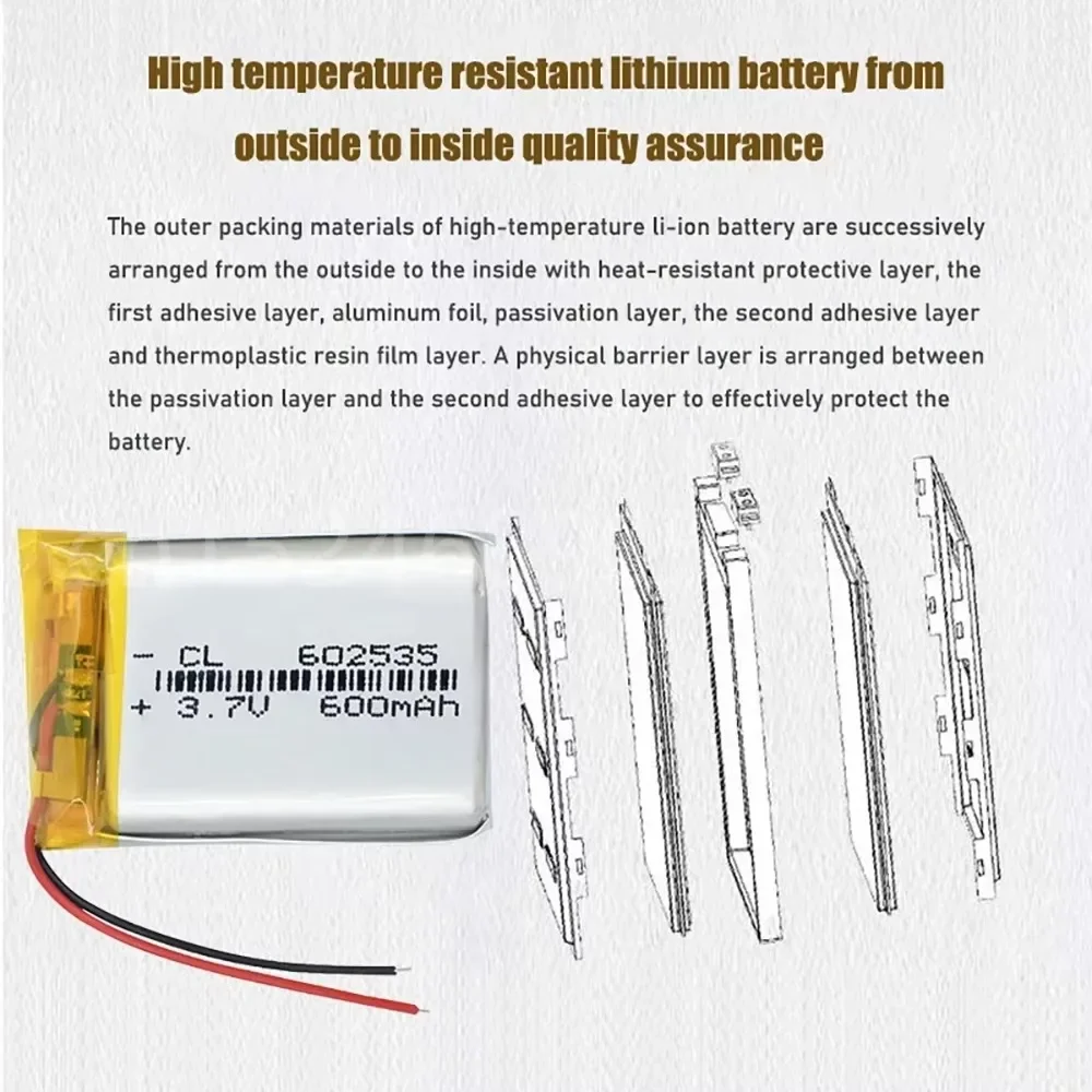 3.7v 600mah 602535 062535 Lithium Ion Polymer Li Ion Rechargeable Battery for DVR GPS MP4 Tachograph Bluetooth Headphone Battery