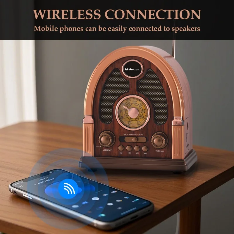 Altoparlante wireless retrò Antenna esterna portatile a 3 bande Radio FM Altoparlanti multifunzionali per schede Bluetooth Lettore MP3 ricaricabile