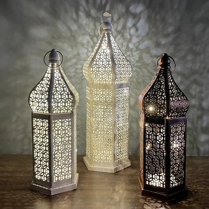 Christmas Moroccan Retro Hollow LED Wind Lamp Iron Lantern Hotel Home Bedroom Living Room Atmosphere Decorative Lamp
