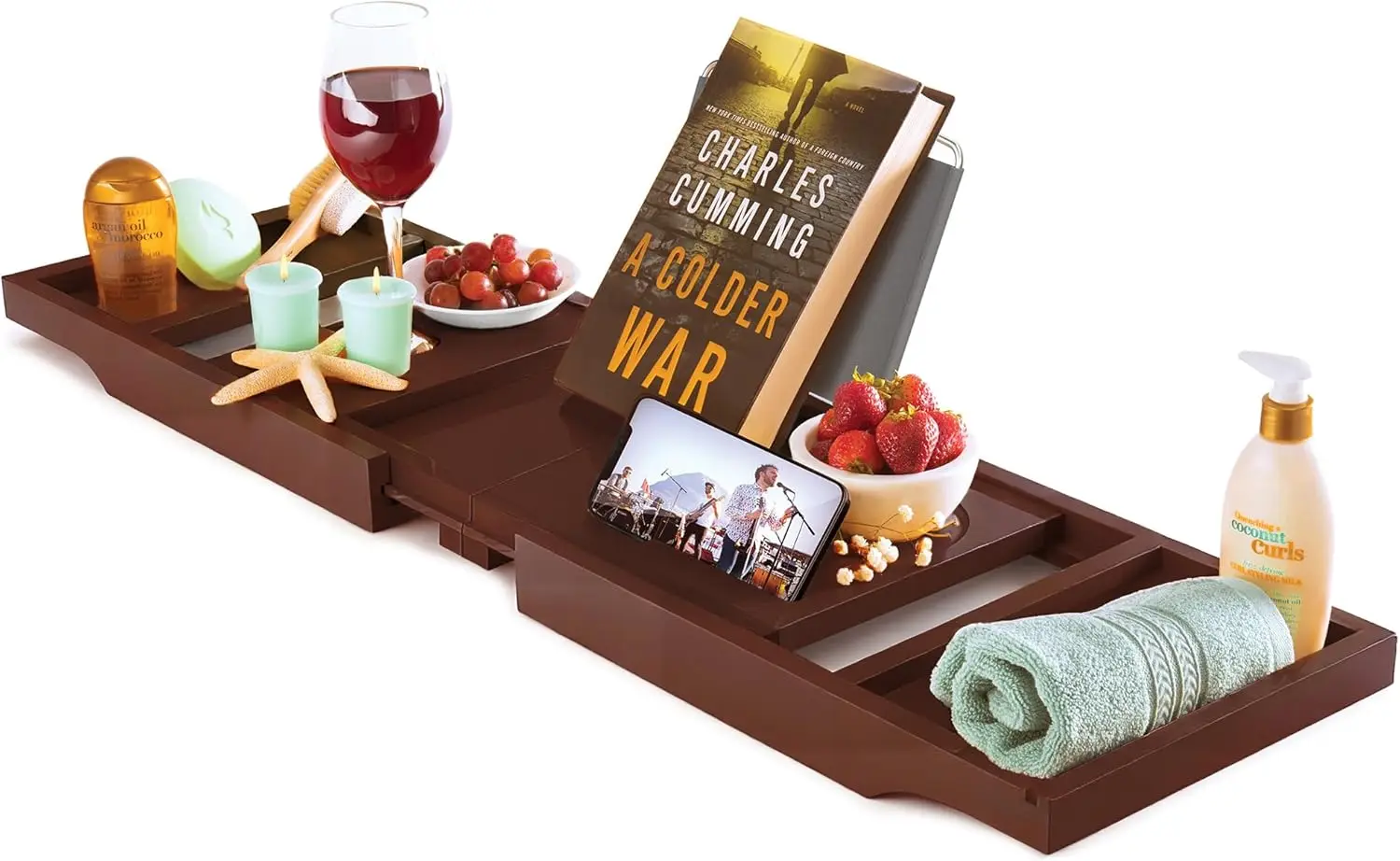 Bandeja Plegable de Bambú para Bañera - Expandible con Soporte para Vino, Soporte para Libros/Tabletas - Organizador de Bañera, Mesa para Bañera (Marrón)