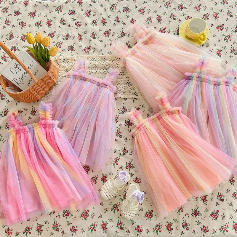 

Hot-Selling Rainbow Mesh Girls' Dress with Ruffled Edges, Princess Dress, Puffy Dress, Strap Dress for Girls