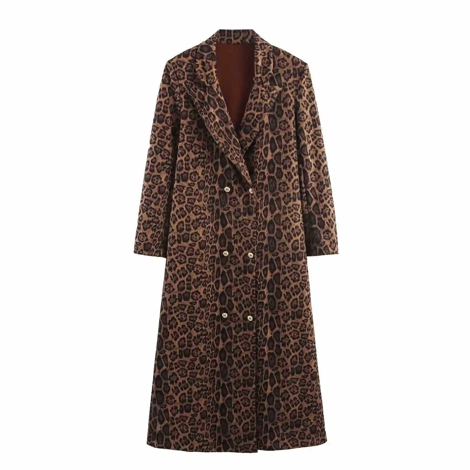 

European Style Women's Autumn Winter Double Breasted Leopard Print Coat Polyester Collar Color As Picture Furry Outerwear