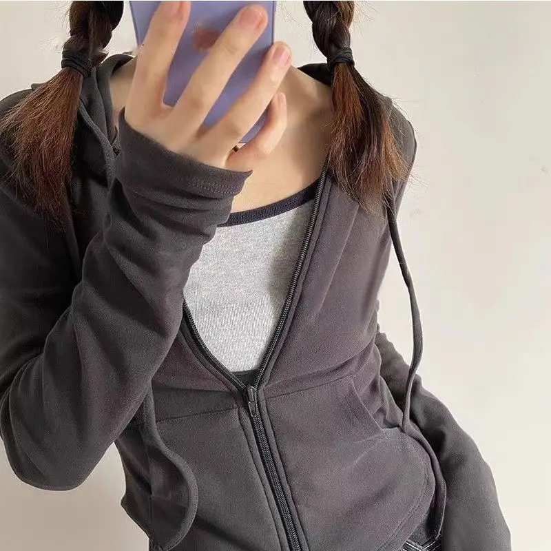 Cropped Hooded Zip-Up Jacket Women Autumn New Slim Goth Hoodie Sweatshirts Female American Solid Streetwear Sports Hoodies Y2k