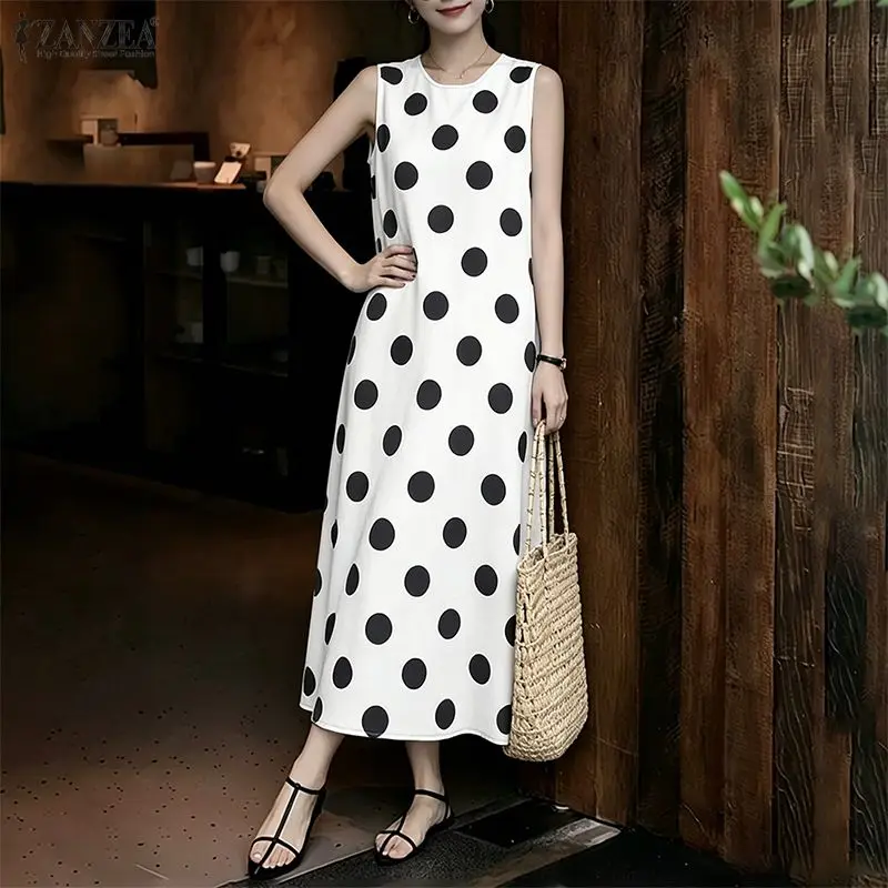 Stilvolles Sommerkleid 2026 ZANZEA Damen Ärmelloses Polka-Dot-Sonnenkleid Lässiges O-Ausschnitt Lockeres Urlaubskleid Elegantes Arbeitskleid Midi-Robe