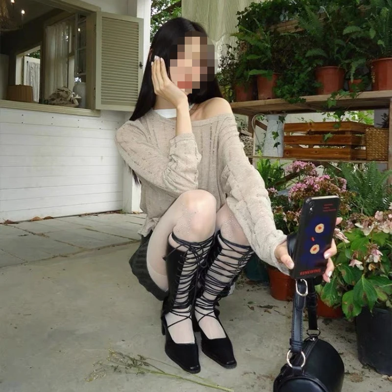 Women Hollow Mesh Long Knight Boots Summer Trend Light Thin Breathable Fabric Front Tie Design Comfort Thick Heel Street Outfit image 6